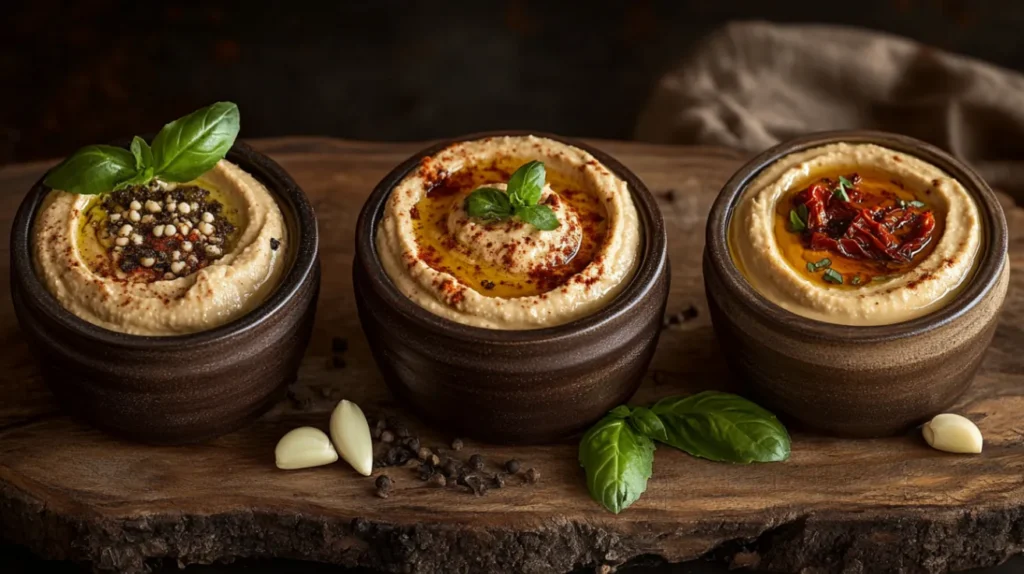 hree different hummus variations served in ceramic bowls: spicy harissa hummus with chili flakes, roasted garlic hummus with caramelized garlic cloves, and sun-dried tomato hummus with fresh basi