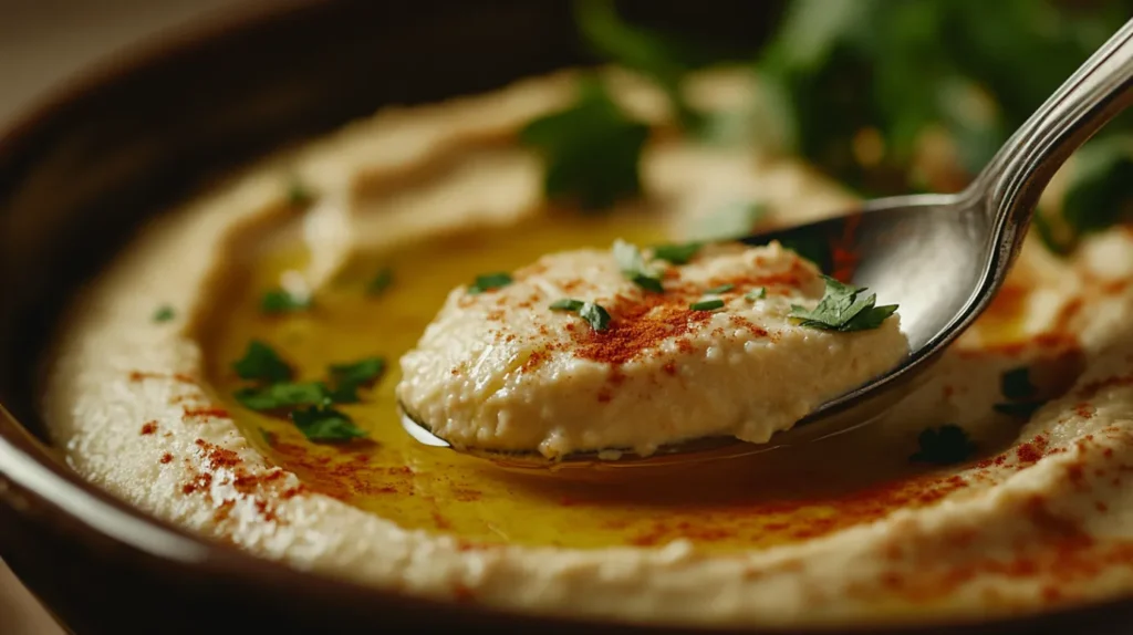 A close-up of a spoon lifting ultra-creamy hummus, showcasing its smooth texture. The hummus is drizzled with olive oil and dusted with paprika, with fresh herbs in the background