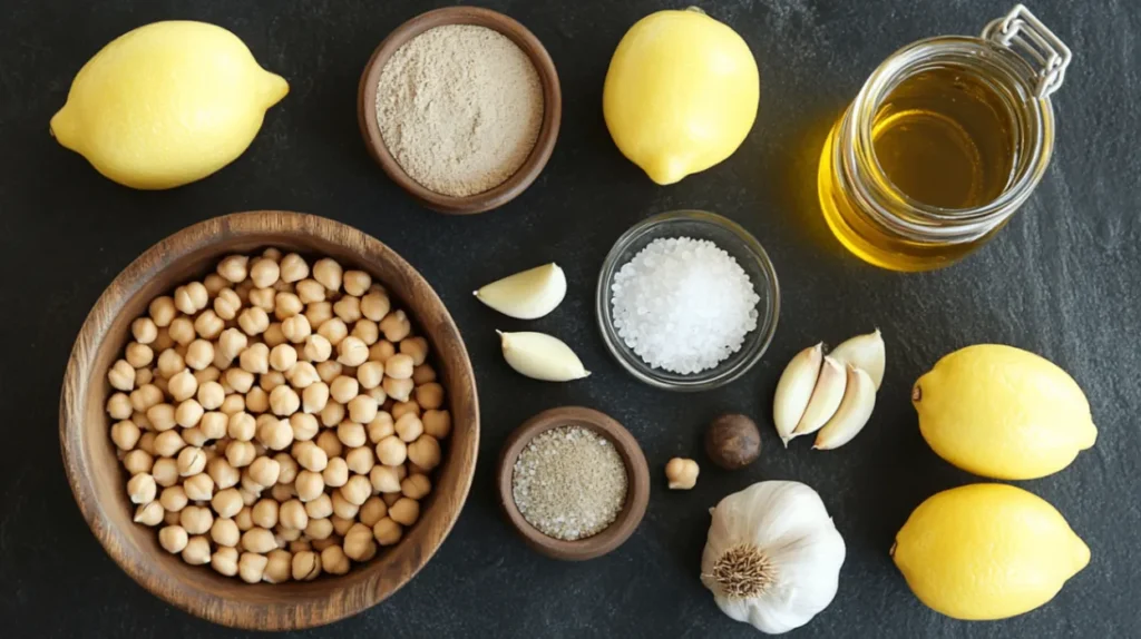 A flat lay of essential hummus ingredients: dried chickpeas, tahini, fresh lemons, garlic cloves, olive oil, sea salt, and cumin. Arranged on a dark slate background for a rustic food photography look