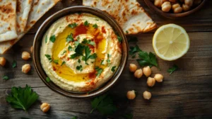 A bowl of creamy homemade hummus drizzled with golden olive oil, sprinkled with paprika and sumac, garnished with fresh parsley. Served with warm pita bread and lemon slices on a rustic wooden table