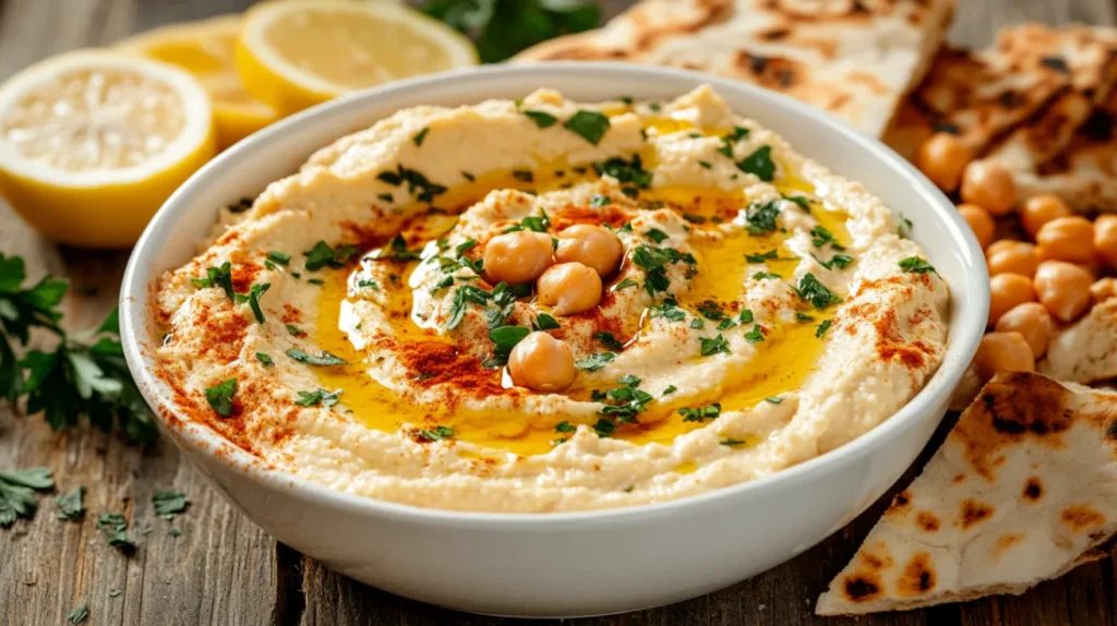 A bowl of creamy homemade hummus drizzled with golden olive oil, sprinkled with paprika and sumac, garnished with fresh parsley. Served with warm pita bread and lemon slices on a rustic wooden table