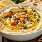 A bowl of creamy homemade hummus drizzled with golden olive oil, sprinkled with paprika and sumac, garnished with fresh parsley. Served with warm pita bread and lemon slices on a rustic wooden table