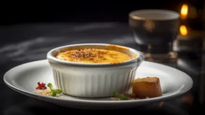 A gourmet Crab Brûlée in a white ramekin with a golden caramelized sugar crust, slightly cracked to reveal a creamy custard inside. The dish is set in an elegant dining atmosphere with warm lighting.