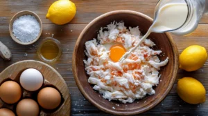 Fresh crab meat, egg yolks, heavy cream, sea salt, and lemon zest neatly arranged on a rustic wooden kitchen counter, ready for use in a Crab Brûlée recipe.