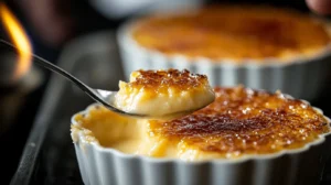 Close-up of a creamy Crab Brûlée with a spoon scooping into its silky custard. Another shot captures a chef using a torch to caramelize the sugar on top.