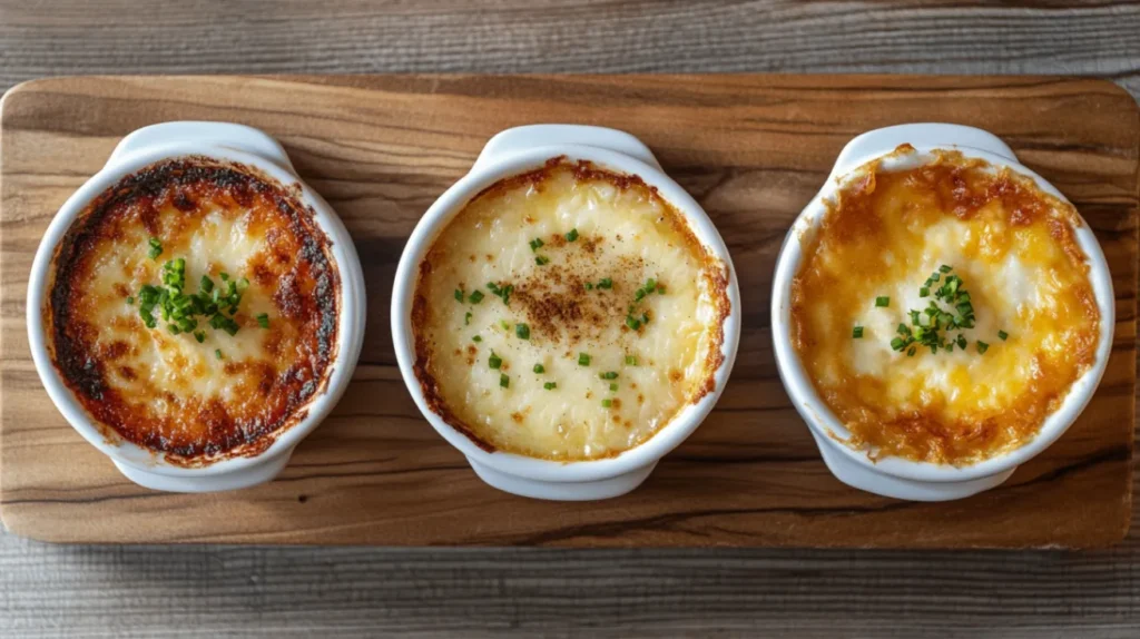 Three different versions of Crab Brûlée served in ramekins: one infused with truffle, another with Cajun spices, and a third with melted cheese. Each dish is garnished distinctly to highlight its unique flavors.