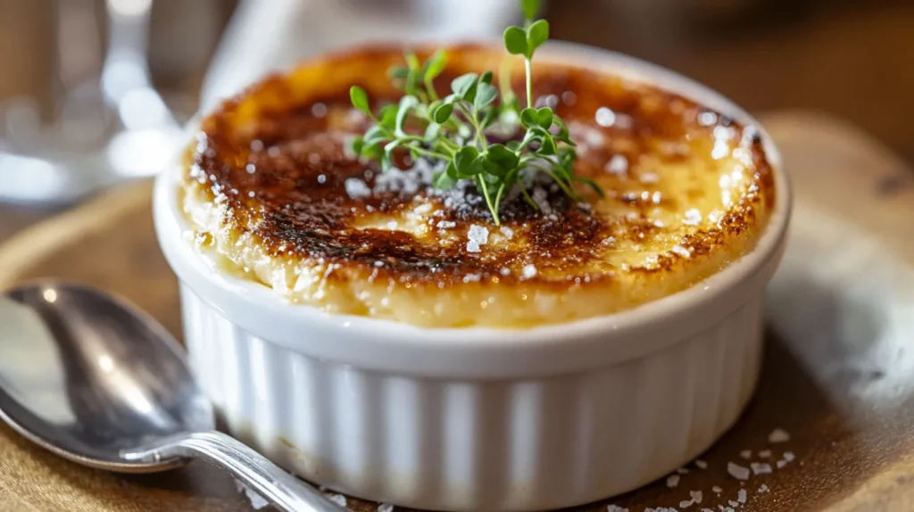 A close-up of a perfectly caramelized Crab Brûlée in a white ramekin, garnished with microgreens and sea salt. The cracked sugar crust reveals a creamy, rich custard, set in a refined dining ambiance