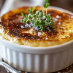 A close-up of a perfectly caramelized Crab Brûlée in a white ramekin, garnished with microgreens and sea salt. The cracked sugar crust reveals a creamy, rich custard, set in a refined dining ambiance