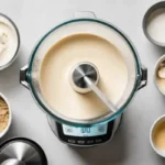 Top view of custard preparation in a glass mixing bowl on a modern kitchen machine, with ingredients like cream, sugar, and flavorings neatly arranged in small bowls.