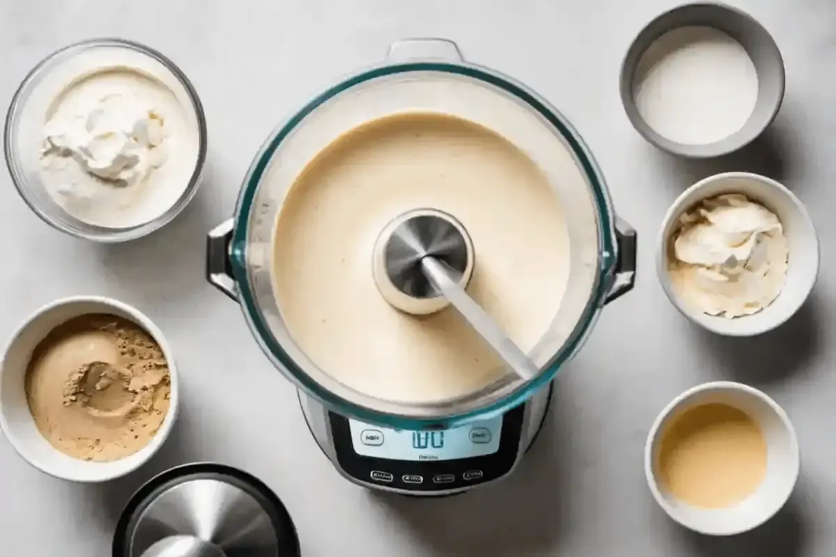 Top view of custard preparation in a glass mixing bowl on a modern kitchen machine, with ingredients like cream, sugar, and flavorings neatly arranged in small bowls.