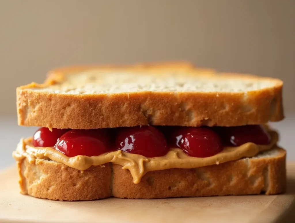 A perfectly toasted Peanut Butter and Jam Sandwich cut in half, showing layers of creamy peanut butter and fruity jam, served on a wooden board.