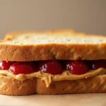 A perfectly toasted Peanut Butter and Jam Sandwich cut in half, showing layers of creamy peanut butter and fruity jam, served on a wooden board.