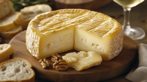 Golden-hued Buttercups cheese with a smooth, creamy interior and waxed rind. Arranged with fresh baguette slices, roasted nuts, and a glass of white wine for a luxurious cheese tasting experience