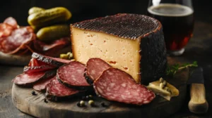 Bold and aged Terrible Ax cheese with a dark red wax rind, slightly crumbly texture, and deep umami flavor. Displayed on a charcuterie board with smoked meats, pickles, and dark ale for gourmet pairings