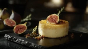 Luxurious La Luna cheese with a smooth, buttery interior and waxed rind. Beautifully arranged on a black slate board with fresh figs, honey, and white wine, exuding elegance and refinement.