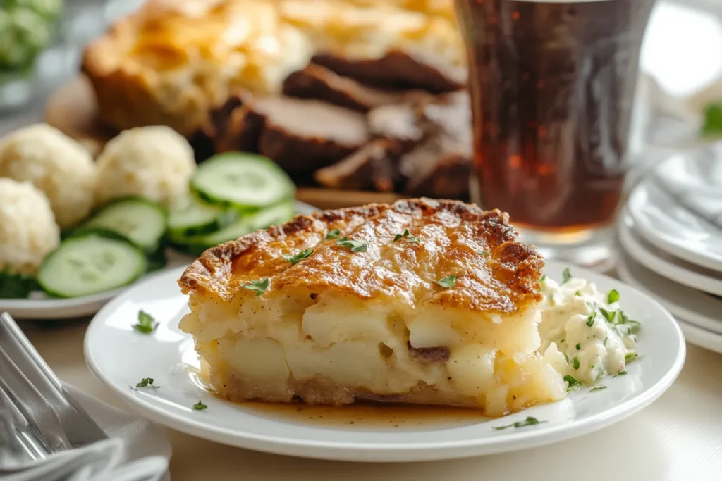 A plated slice of Passover Potato Pie served with matzo ball soup