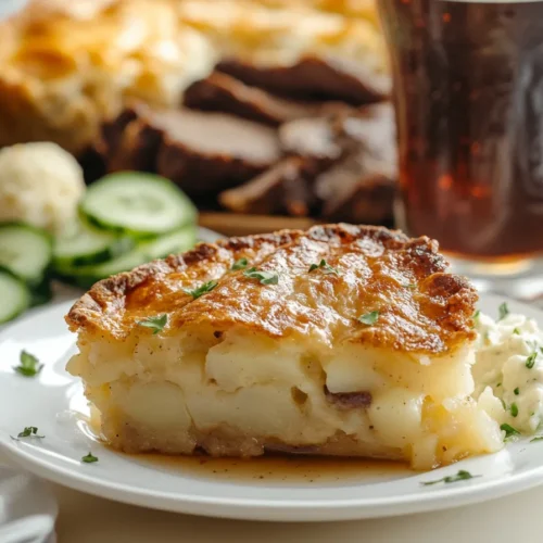 A plated slice of Passover Potato Pie served with matzo ball soup