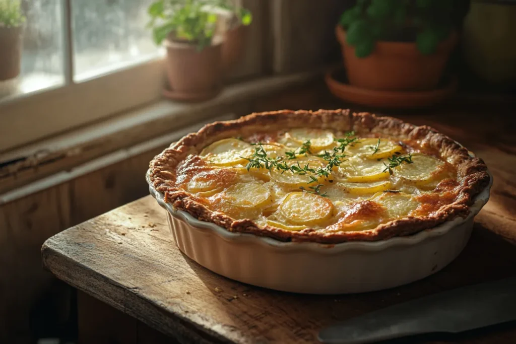 Freshly baked Passover Potato Pie on a rustic wooden counter