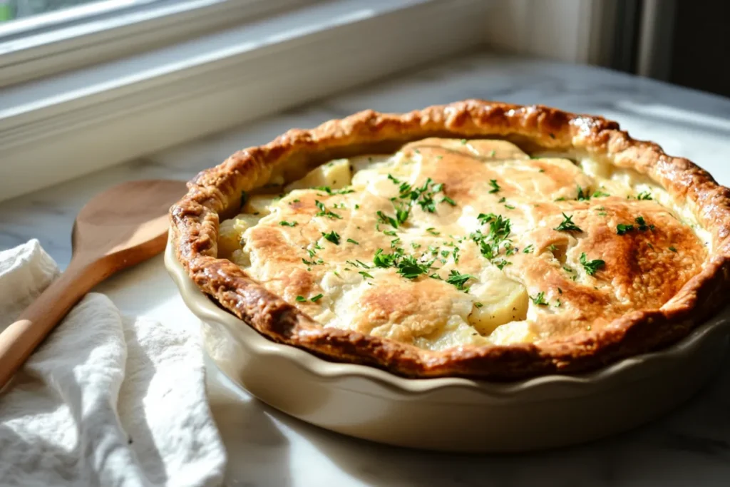 Freshly baked Passover Potato Pie on a rustic wooden counter