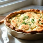 Freshly baked Passover Potato Pie on a rustic wooden counter